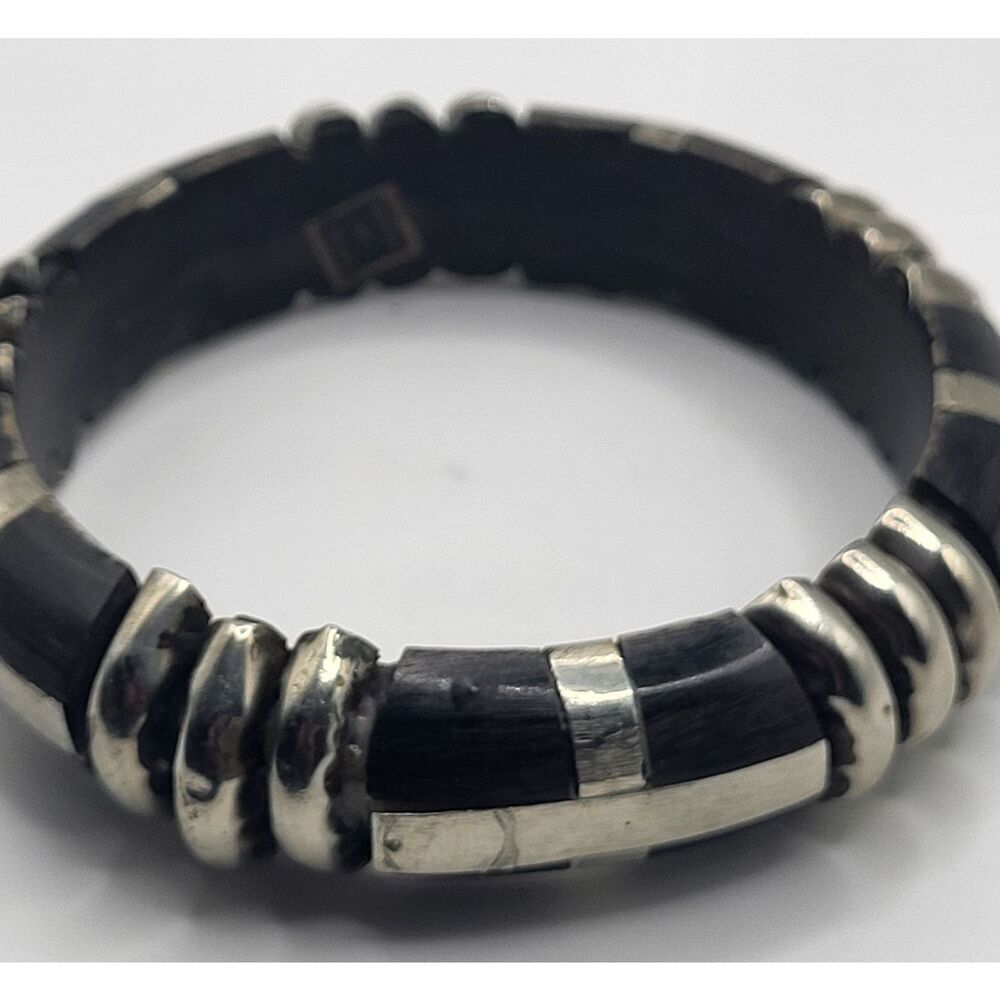 Artisan Bohemian Carved Wood Silver Inlay Made India Bangle Bracelet 2.5in dia